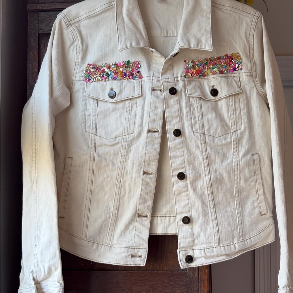 Garnet Hill Cream Jean Jacket with Colorful Sequins